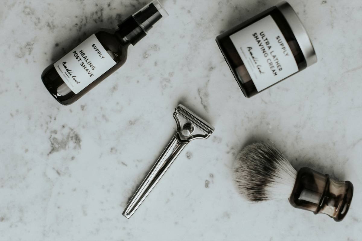 Premium shaving accessories for men with sensitive skin including silvertip brush and glycerin soap